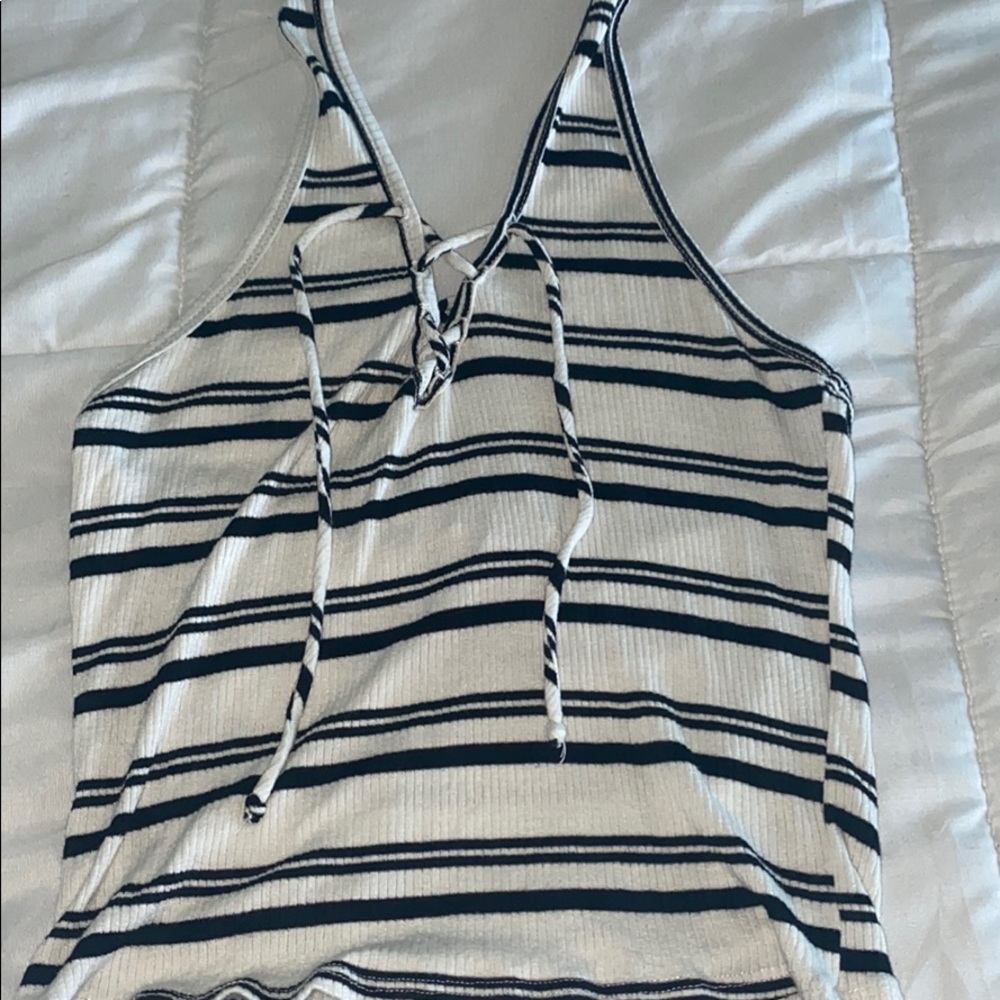 black and white striped wrap around the neck top